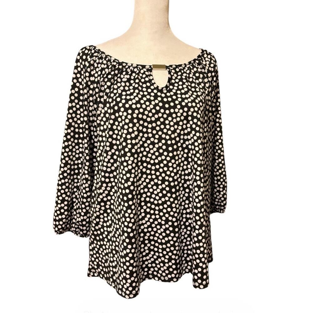 ERIN BLAIR Polka Dot Peasant Top Black White Metal Bar Keyhole Detail Sz L Boho